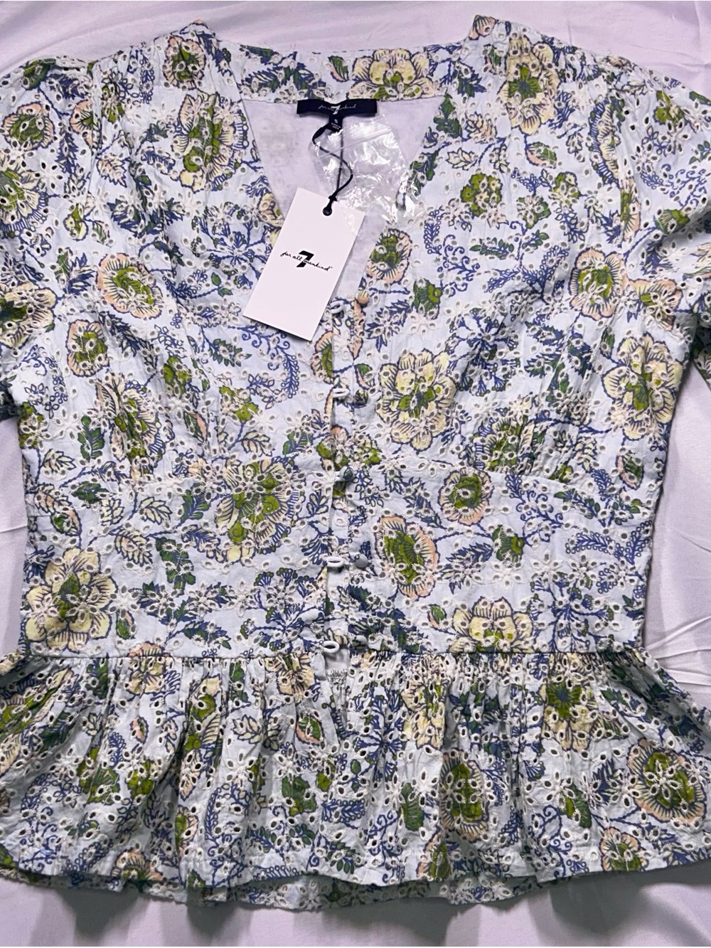 🌿 7 For All Mankind Eyelet Peplum Top NWT S Boho